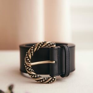 Black Leather Belt with Decorative Twisted Gold Buckle
